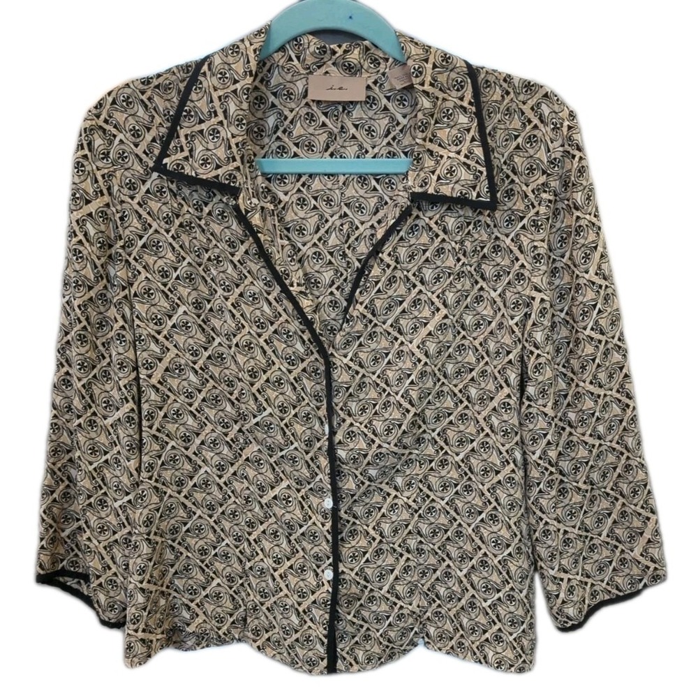Vtg i.e. L 100% Silk Blouse Tribal Button up Black Trim Shoulder Darts 90s‎ Y2k